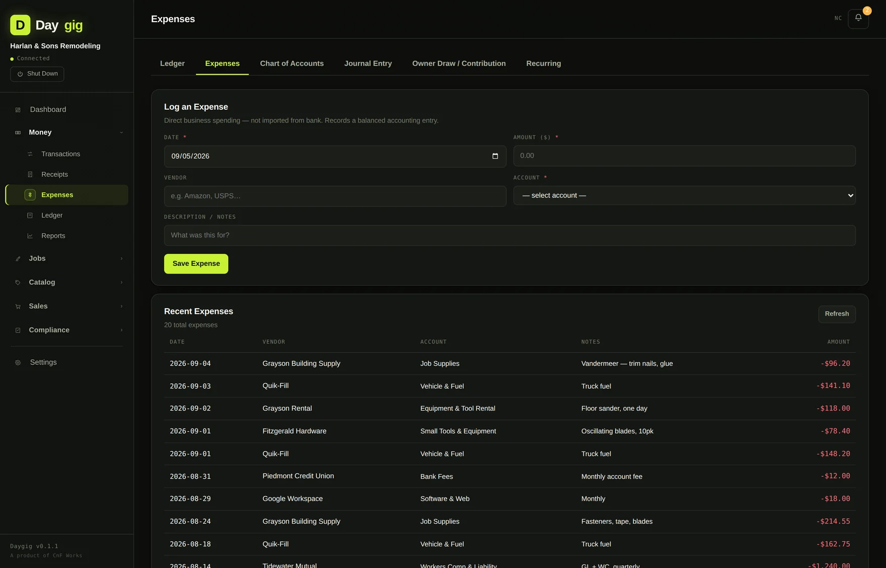 Daygig's expense list with trade-specific categories like permits, tool rental and workers comp