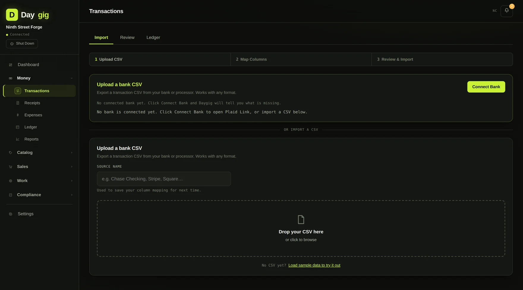Daygig's transaction import screen with CSV upload, column mapping, and a review queue