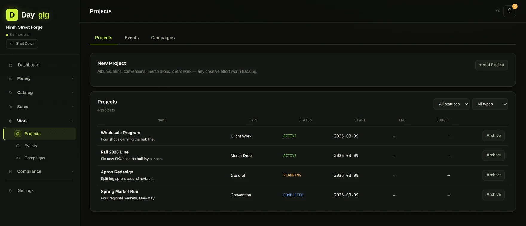 Daygig's project list with project type, status and dates