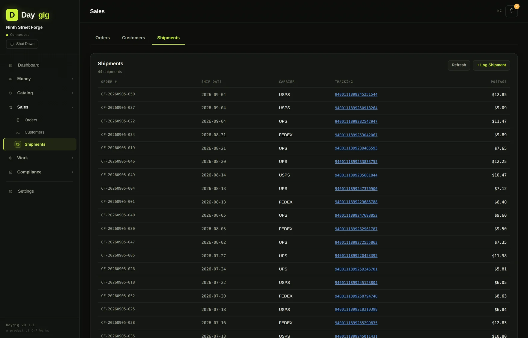 Daygig's shipment list showing carrier, tracking number, ship date and postage cost per order